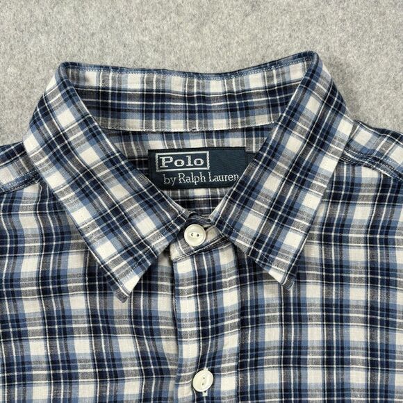 Polo Ralph Lauren Men's Button Up Shirt Linen‎ Cotton Blend Plaid Blue Size M - Picture 2 of 11